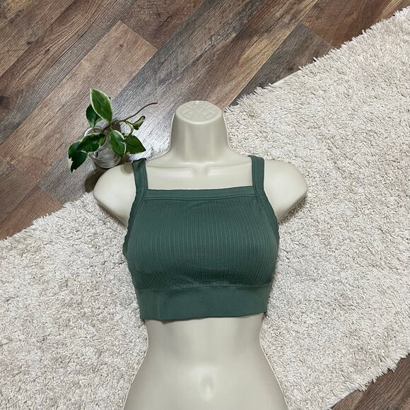 Aerie Medium Green Sleek Ribbed Seamless Square Neck Longline Bralette Brami - Picture 1 of 5
